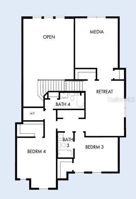 This is a floor plan of a house's second level featuring two bedrooms, two bathrooms, and a media room — 3627 BOBOLINK LANE, ORLANDO, FL