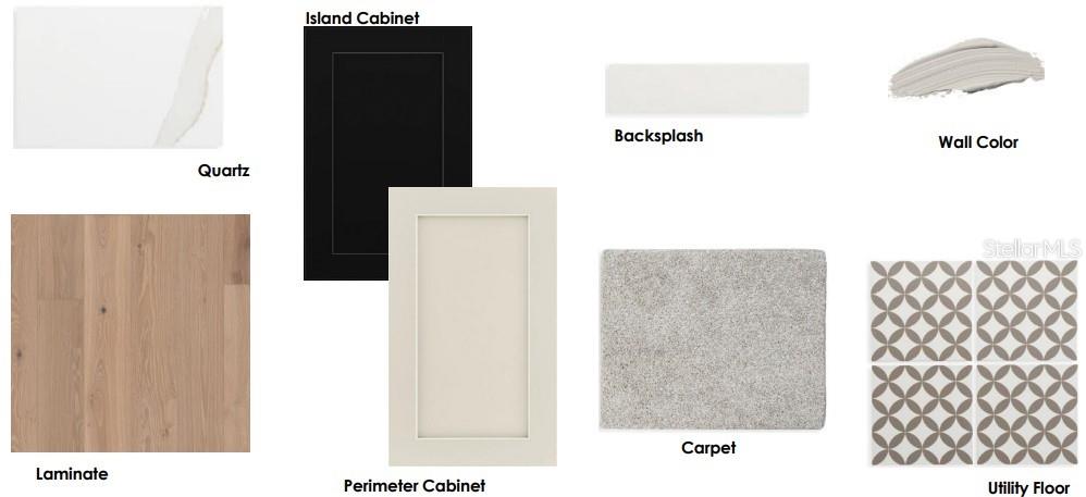 This image displays a material sample board featuring various cabinet, flooring, countertop, and paint finishes — 3627 BOBOLINK LANE, ORLANDO, FL