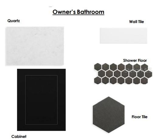 This rendering displays the material finishes for an owner's bathroom, including cabinets, quartz, and tiles — 3627 BOBOLINK LANE, ORLANDO, FL