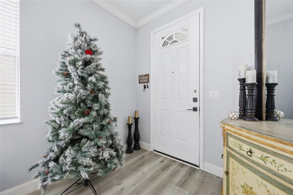An entryway features light wood-look flooring, a white front door, and a flocked Christmas tree — 232 ALDRIDGE LANE, DAVENPORT, FL