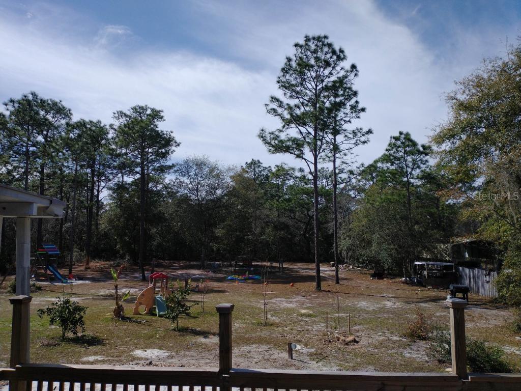 A large, sandy backyard features several pine trees, a wooden deck, and playground equipment — 2042 S SUNWOOD POINT, HOMOSASSA, FL