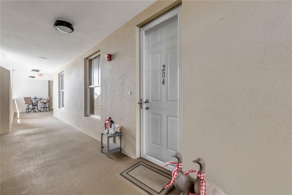 A white door numbered 204 sits in a beige outdoor hallway with decorative geese — 5 RIVERWALK DRIVE UNIT 204, NEW SMYRNA BEACH, FL