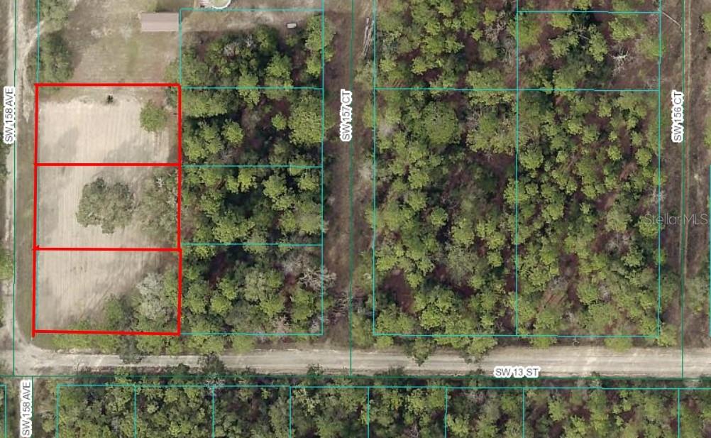 This aerial map shows three adjacent rectangular lots outlined in red near a dirt road — TBD SW 158TH AVE LOT 17, OCALA, FL