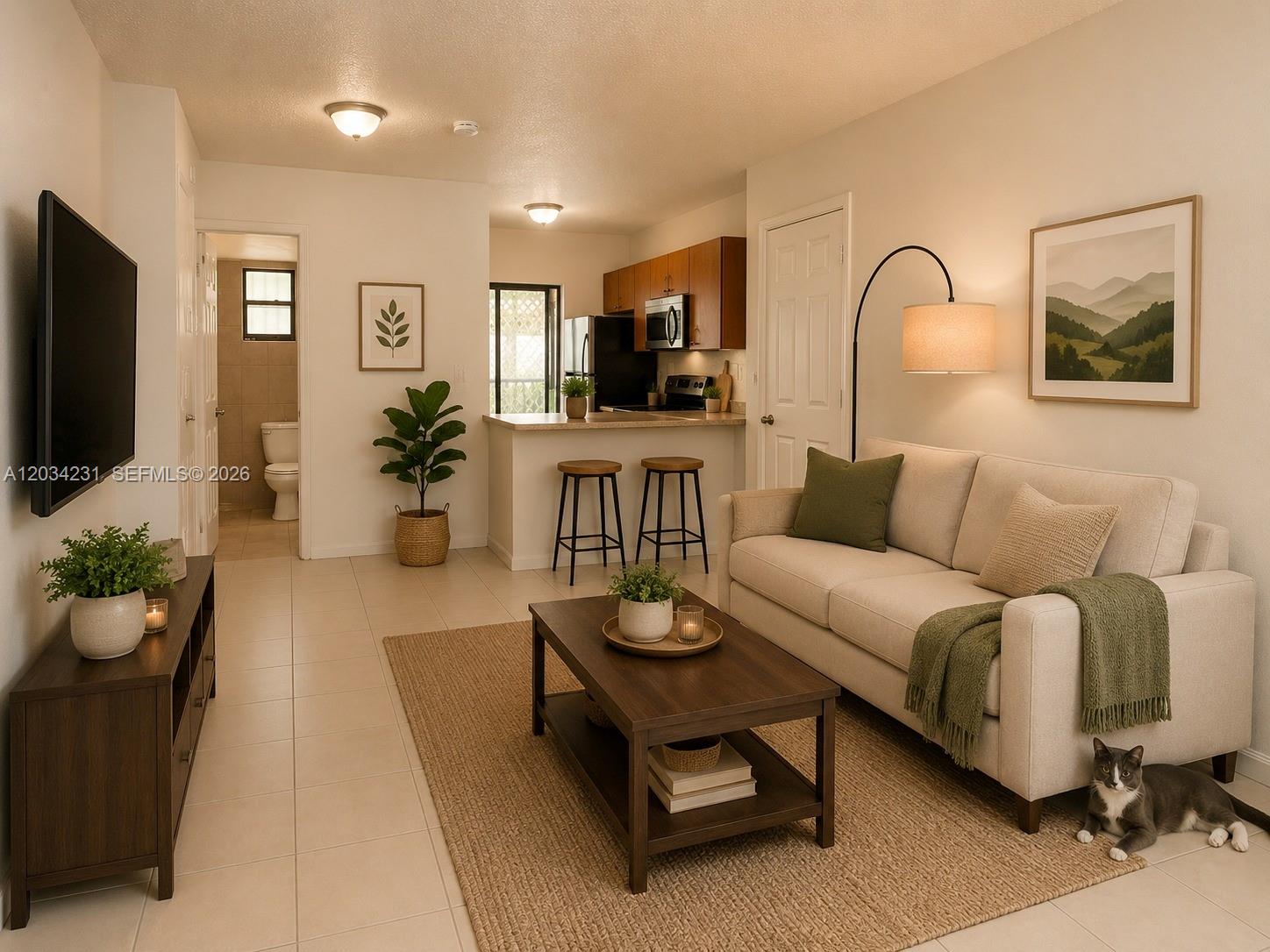 This is a rendering of a living room and kitchen area with neutral furniture — 2775 W 61st St # 102, Hialeah FL 33016, HIALEAH, FL