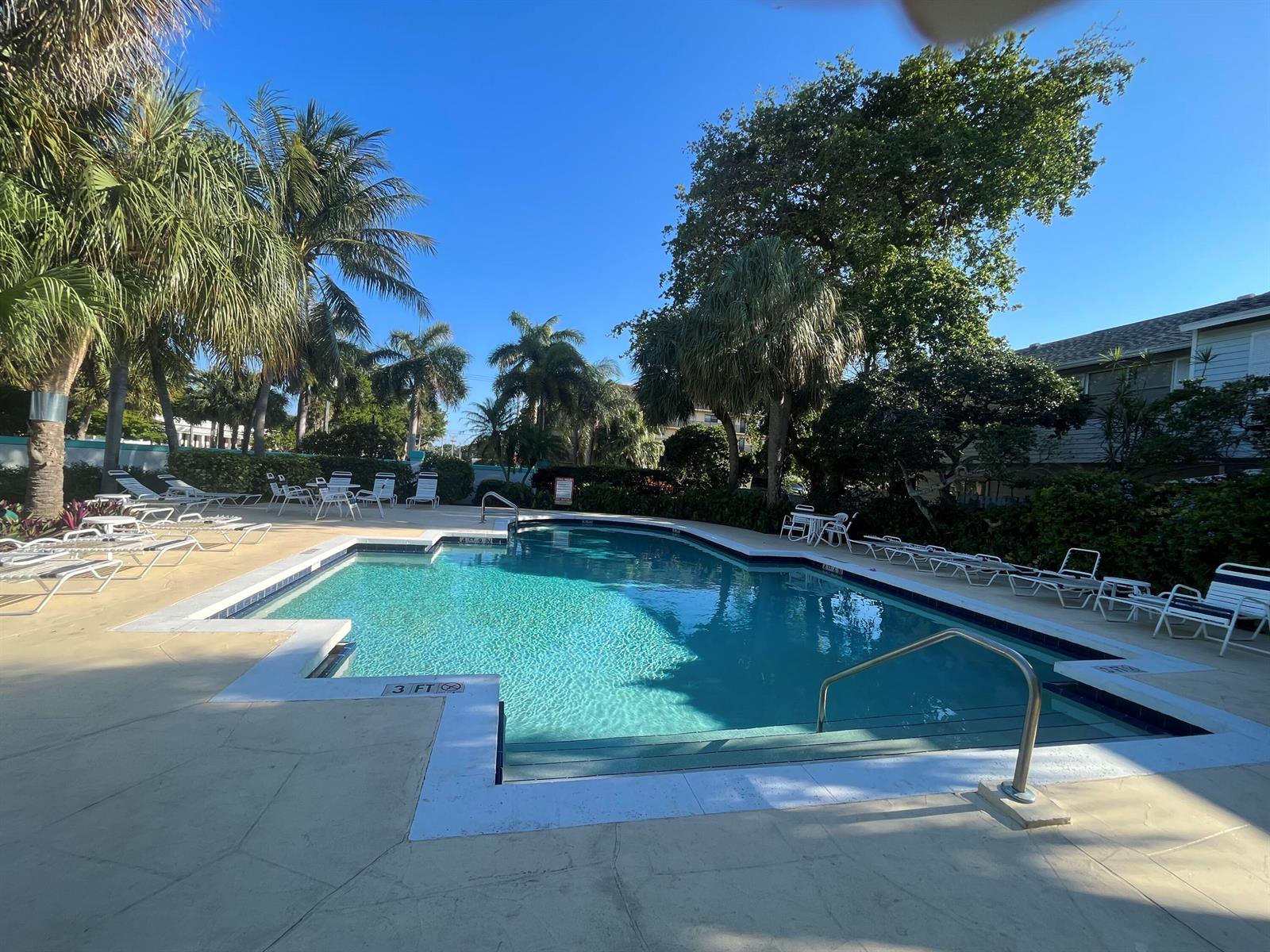 An outdoor swimming pool surrounded by lounge chairs, palm trees, and lush landscaping — 2589 NE 15th Street, Pompano Beach FL 33062, POMPANO BEACH, FL