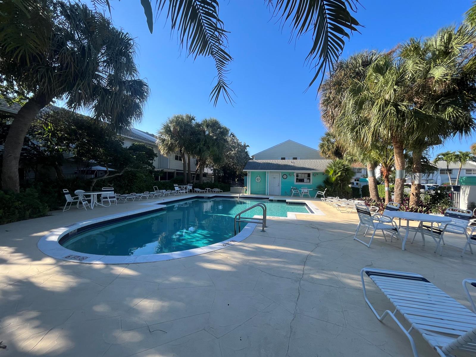A swimming pool surrounded by lounge chairs, tables, and palm trees under a clear sky — 2589 NE 15th Street, Pompano Beach FL 33062, POMPANO BEACH, FL