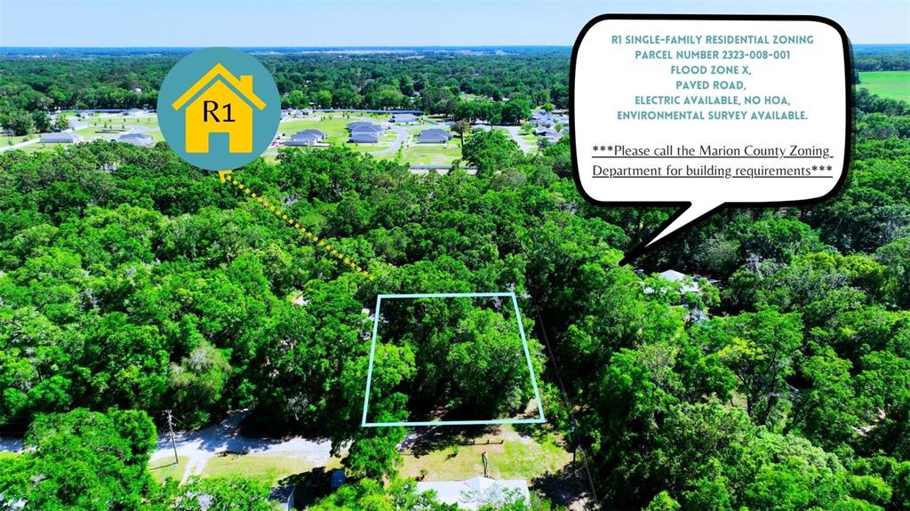 An aerial view shows a wooded residential lot outlined in blue with nearby suburban homes — TBD SW 2ND PLACE, OCALA, FL
