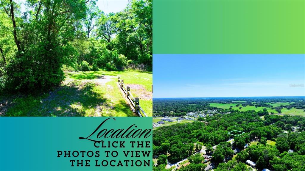 This image shows a split view of a wooded lot and an aerial landscape perspective — TBD SW 2ND PLACE, OCALA, FL