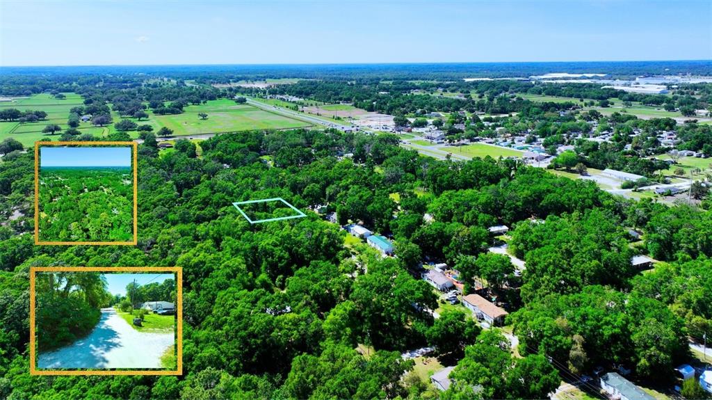 An aerial view shows a wooded area with a highlighted plot and two inset photos — TBD SW 2ND PLACE, OCALA, FL
