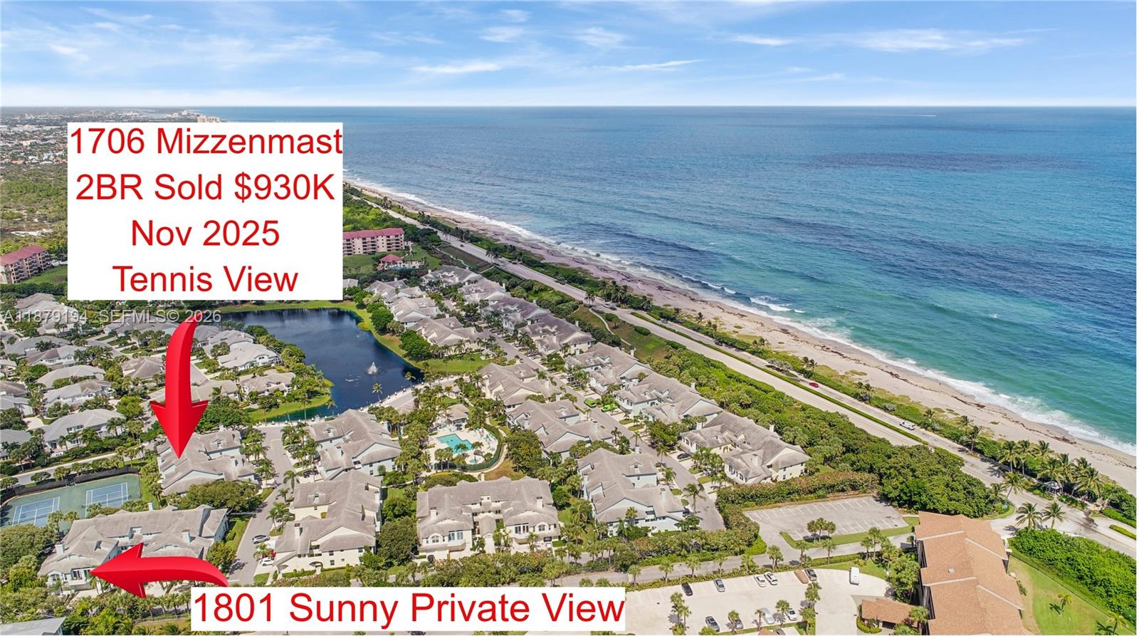An aerial view shows a coastal residential complex with tennis courts, a pond, and beach — 1801 Mainsail Cir # 1801, Jupiter FL 33477, JUPITER, FL