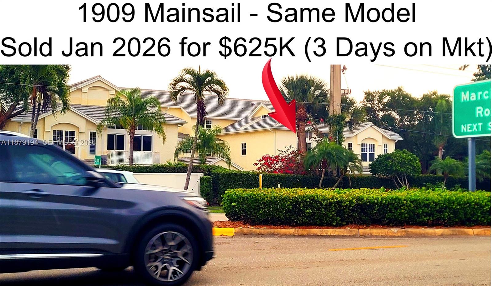 A yellow house with a tiled roof is partially obscured by a palm tree and hedges — 1801 Mainsail Cir # 1801, Jupiter FL 33477, JUPITER, FL