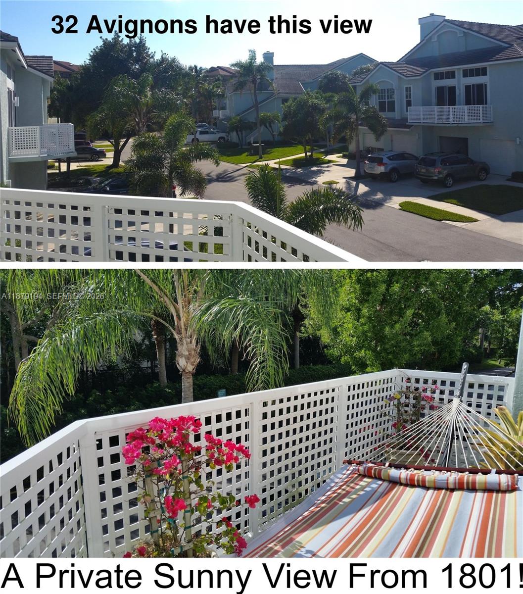 This image shows two different balcony views from residential buildings with white lattice railings — 1801 Mainsail Cir # 1801, Jupiter FL 33477, JUPITER, FL