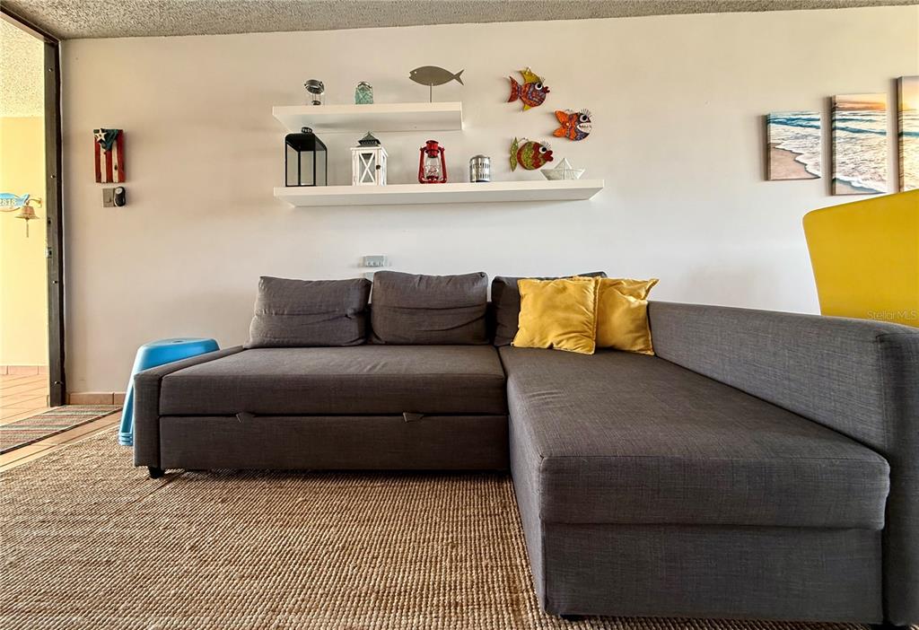 A gray sectional sofa sits on a woven rug in a room with wall shelves — . CAMINO DE LAS PICUAS UNIT 2815, RIO GRANDE, PR