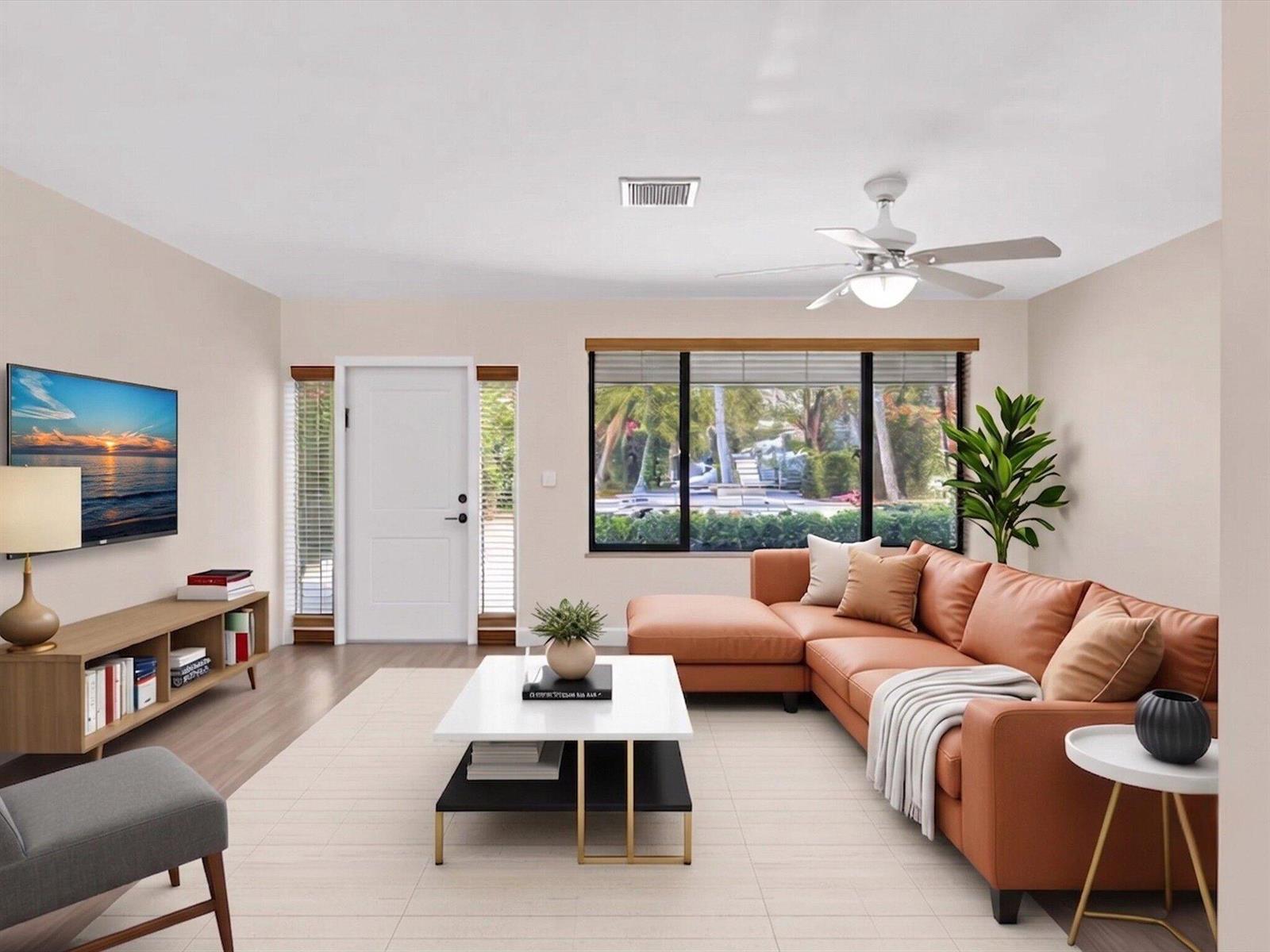 This is a digital rendering of a living room featuring a tan sectional sofa — 19321 NE 18th Place, Miami FL 33179, MIAMI, FL