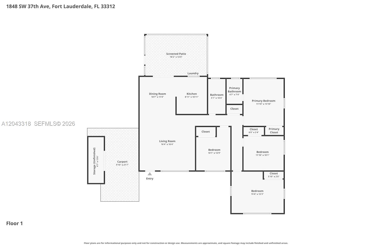 This is a floor plan of a single-story house featuring three bedrooms and a carport — FORT LAUDERDALE, FL