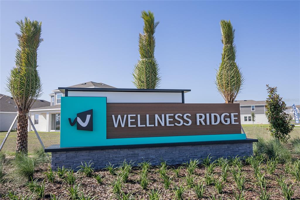 A modern monument sign for Wellness Ridge stands in front of new residential homes — 2642 RUNNERS CIRCLE, CLERMONT, FL