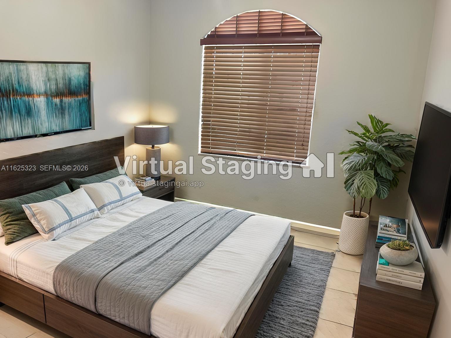 A bedroom features a bed with gray bedding, a window with blinds, and a television — 12414 SW 213th St, Miami FL 33177, MIAMI, FL