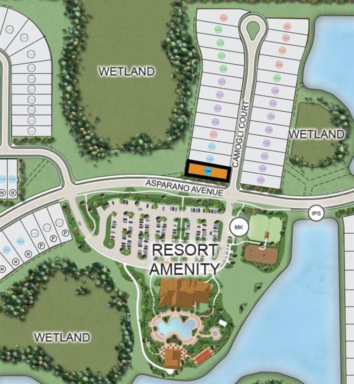 This is a site map showing a residential lot highlighted in orange near community amenities — 26149 CAMOGLI COURT, ENGLEWOOD, FL