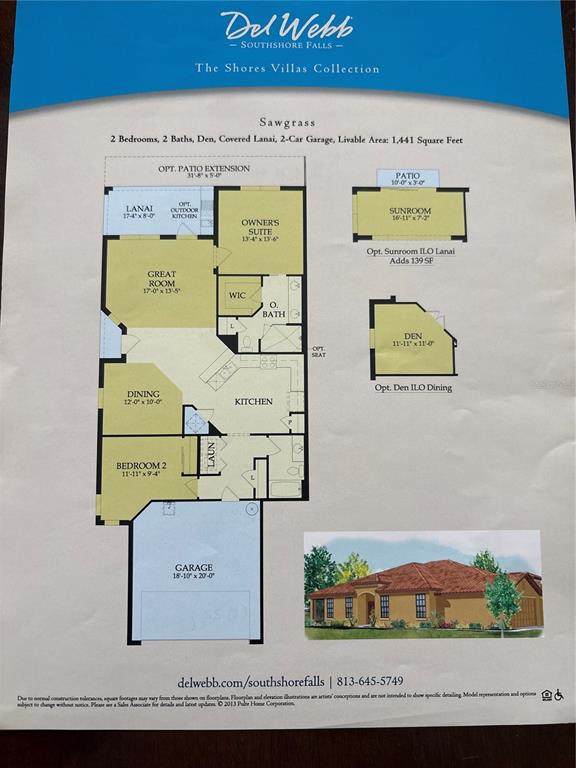 This is a floor plan and exterior rendering for a two-bedroom villa model home — 322 MYSTIC FALLS DRIVE, APOLLO BEACH, FL