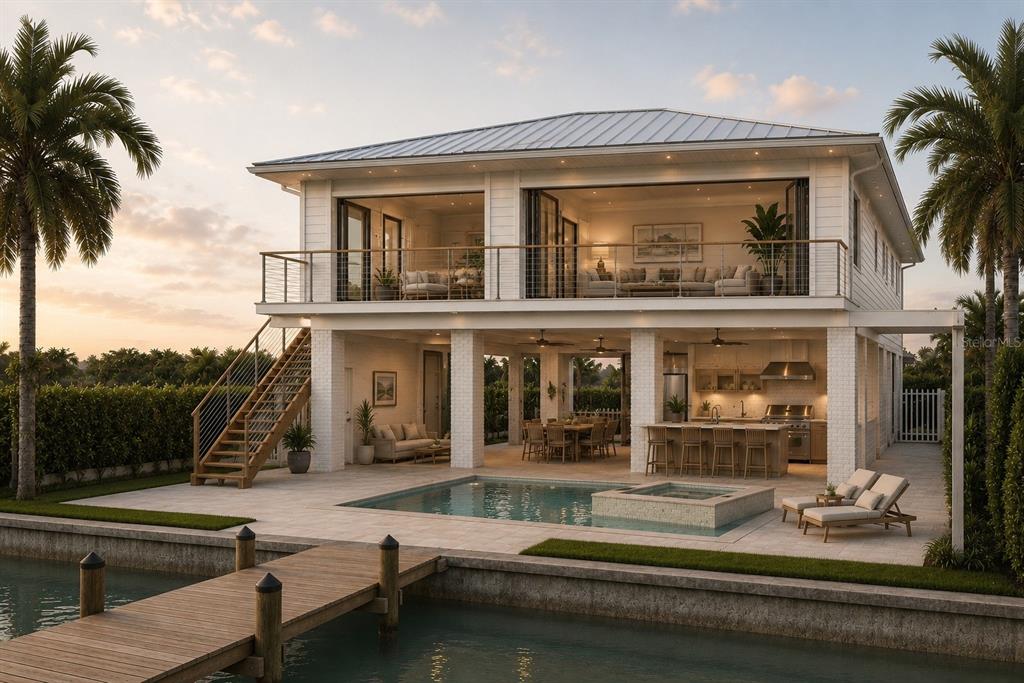 This is a digital rendering of a two-story waterfront home with a pool and dock — 575 CRYSTAL DRIVE, MADEIRA BEACH, FL