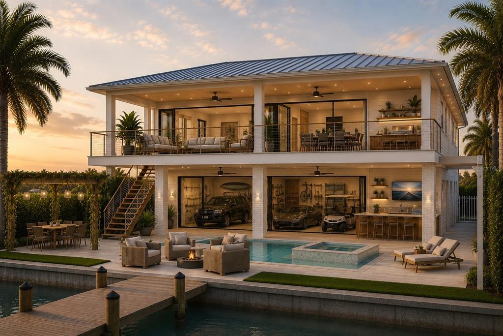 This is a rendering of a two-story waterfront home with a pool, garage, and deck — 575 CRYSTAL DRIVE, MADEIRA BEACH, FL