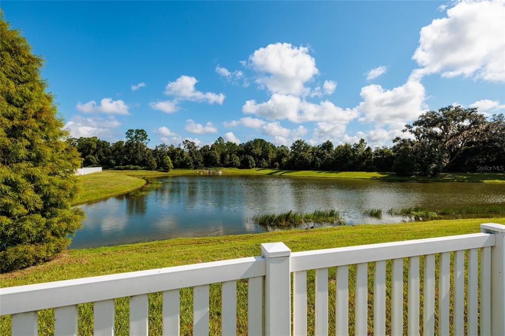 A white picket fence overlooks a pond surrounded by green grass and trees — 36077 STABLE WILK AVENUE, ZEPHYRHILLS, FL