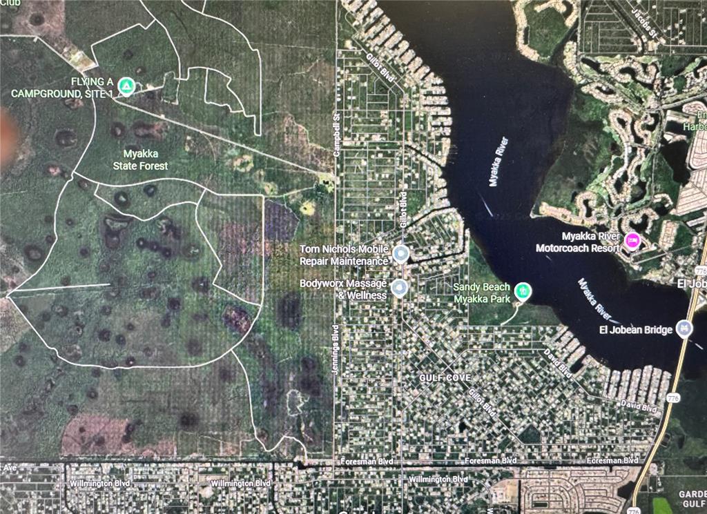 This is a satellite map showing the Myakka State Forest and surrounding residential areas — 4635 SPIRE STREET, PORT CHARLOTTE, FL