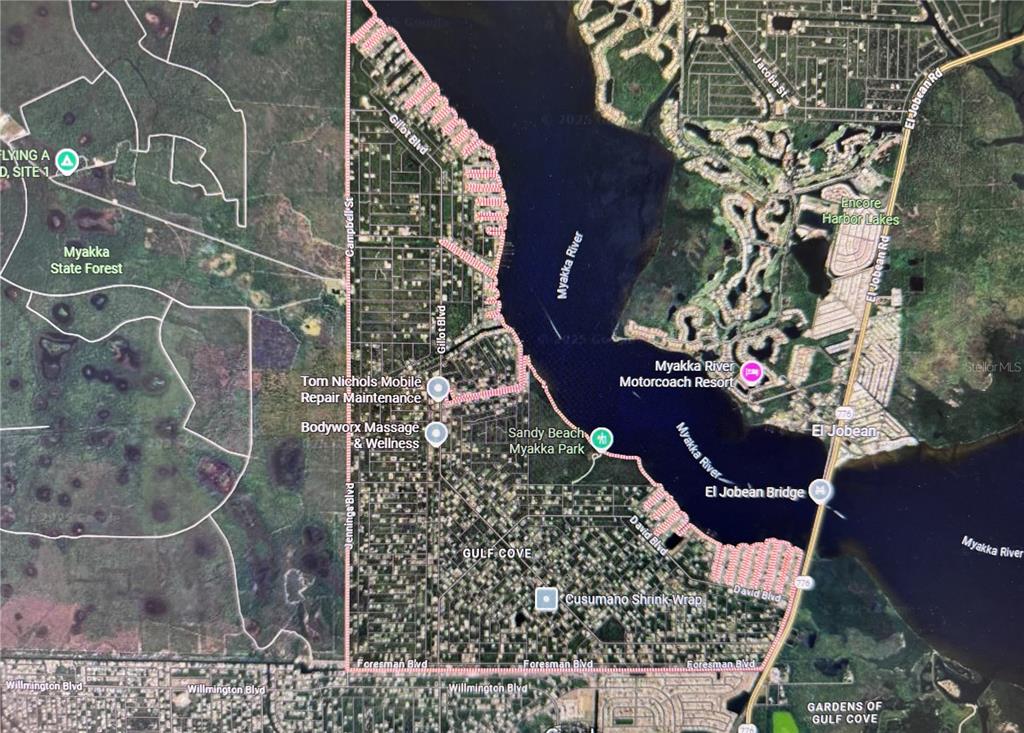 This is a satellite map showing the Gulf Cove area along the Myakka River — 4635 SPIRE STREET, PORT CHARLOTTE, FL