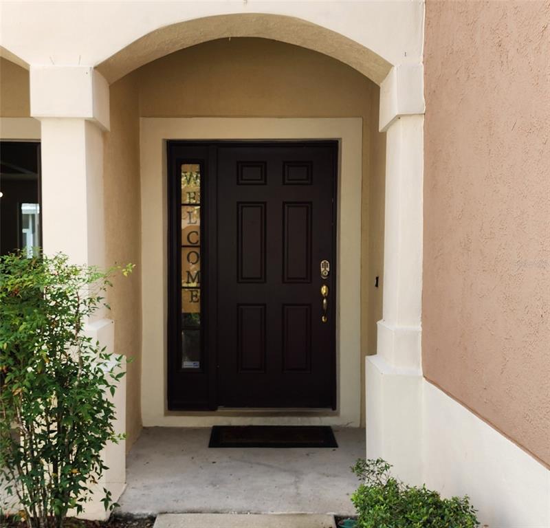 A dark brown front door with a vertical welcome sign sits under a covered entryway — 26541 CHIMNEY SPIRE LANE, WESLEY CHAPEL, FL