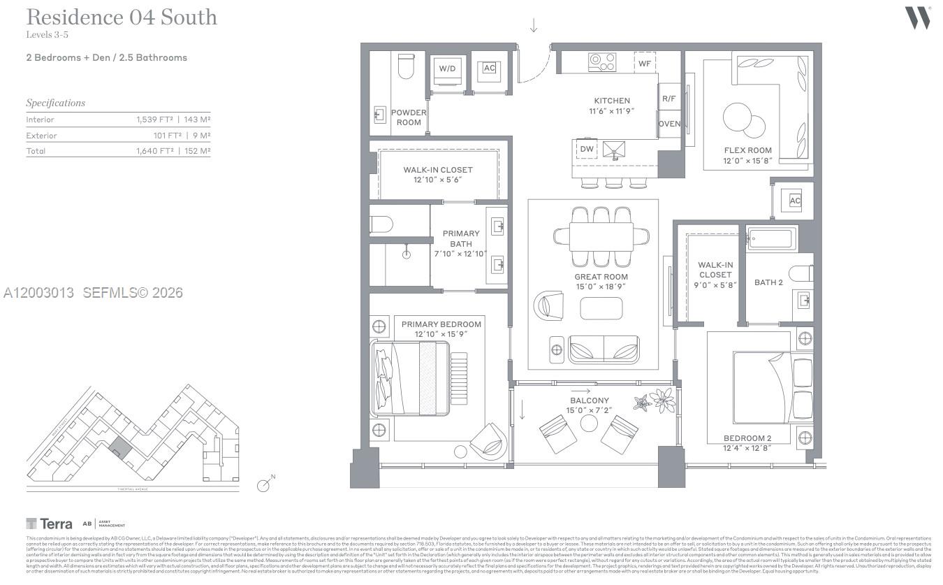 This floor plan shows a two-bedroom, two-and-a-half-bathroom residence with a den and a balcony — 2835 Tigertail Ave # 404S, Coconut Grove FL 33133, COCONUT GROVE, FL