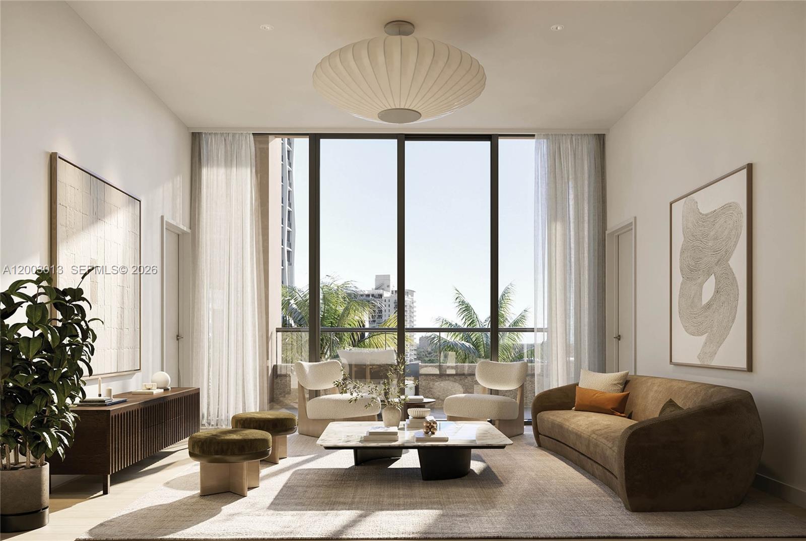This rendering shows a modern living room with floor-to-ceiling windows and a balcony view — 2835 Tigertail Ave # 404S, Coconut Grove FL 33133, COCONUT GROVE, FL