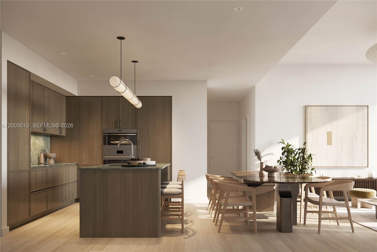 This rendering shows a modern kitchen and dining area with wood cabinetry and island — 2835 Tigertail Ave # 404S, Coconut Grove FL 33133, COCONUT GROVE, FL