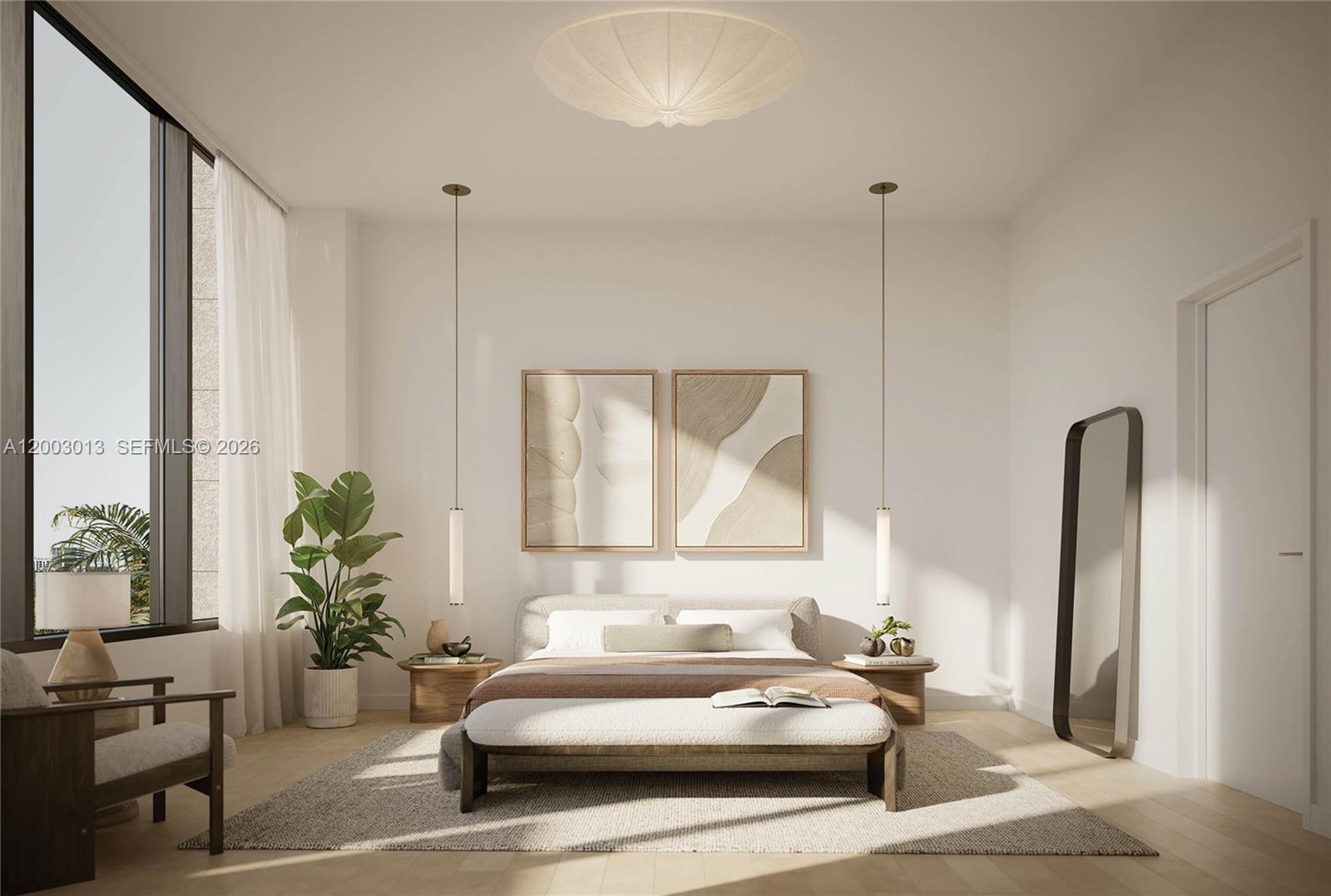 This is a rendering of a modern bedroom featuring a bed, pendant lights, and artwork — 2835 Tigertail Ave # 404S, Coconut Grove FL 33133, COCONUT GROVE, FL