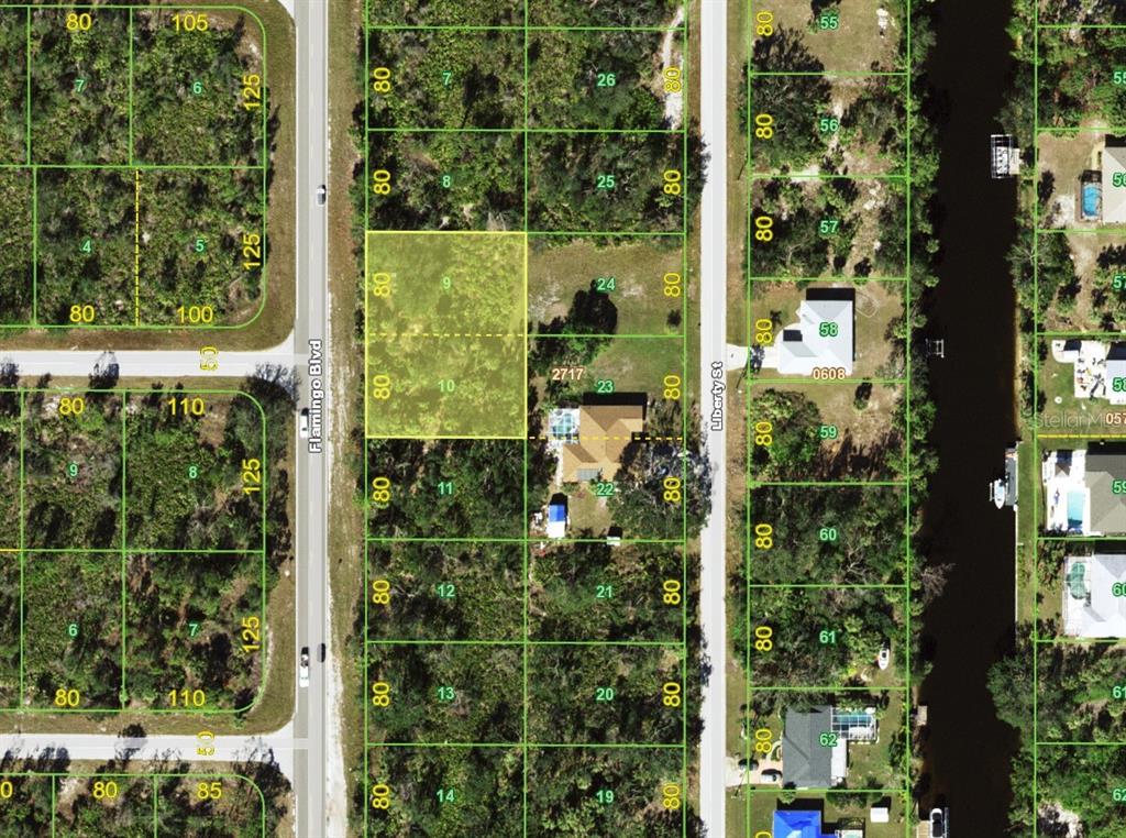 This is a satellite map showing residential land lots and streets — 3616 FLAMINGO BLVD, PORT CHARLOTTE, FL