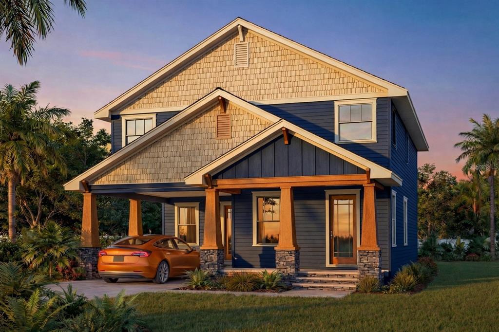 This is a rendering of a two-story craftsman-style house with a front porch and driveway — 208 W FERN STREET, TAMPA, FL