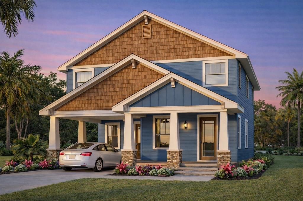 A digital rendering of a two-story blue house with a front porch and carport — 208 W FERN STREET, TAMPA, FL