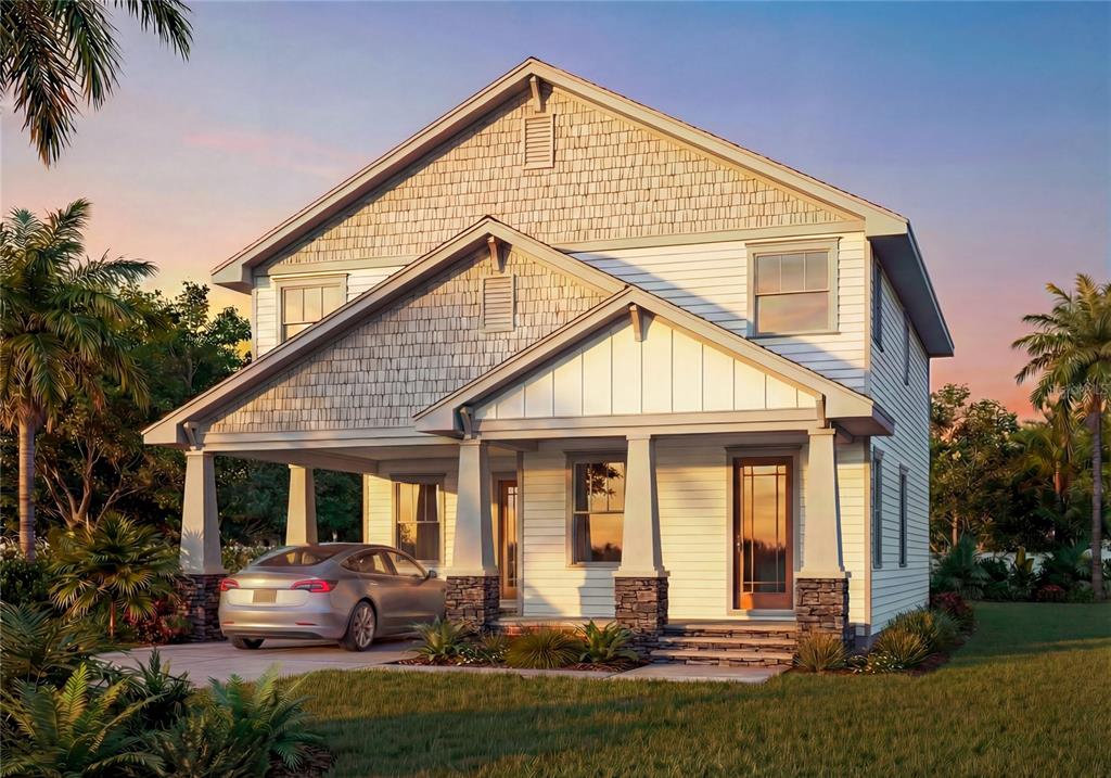 This is a digital rendering of a two-story blue house with a front porch — 208 W FERN STREET, TAMPA, FL