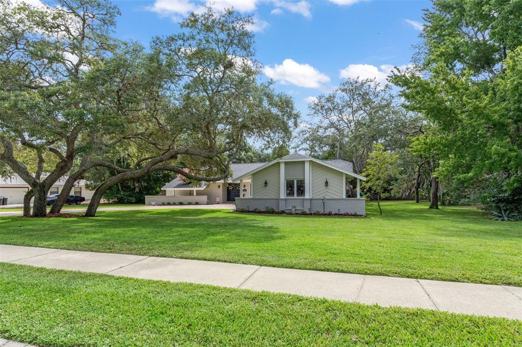 A light green single-story house with a brick base sits on a large grassy lot — 5008 CUMBERLAND LANE, SPRING HILL, FL
