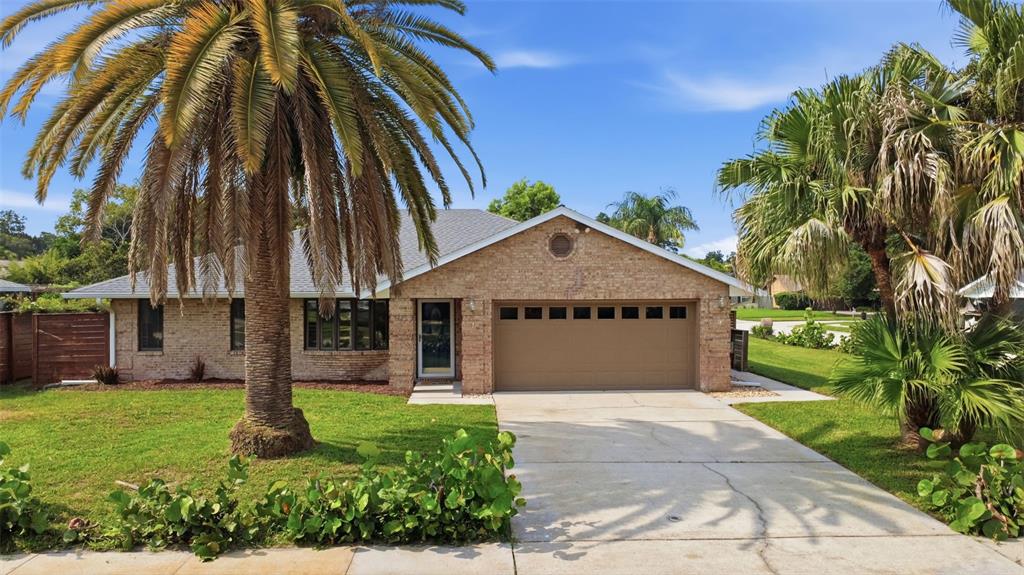 A single-story brick house with a two-car garage and a large palm tree in front — 5825 ALSTRUM DRIVE, PORT ORANGE, FL