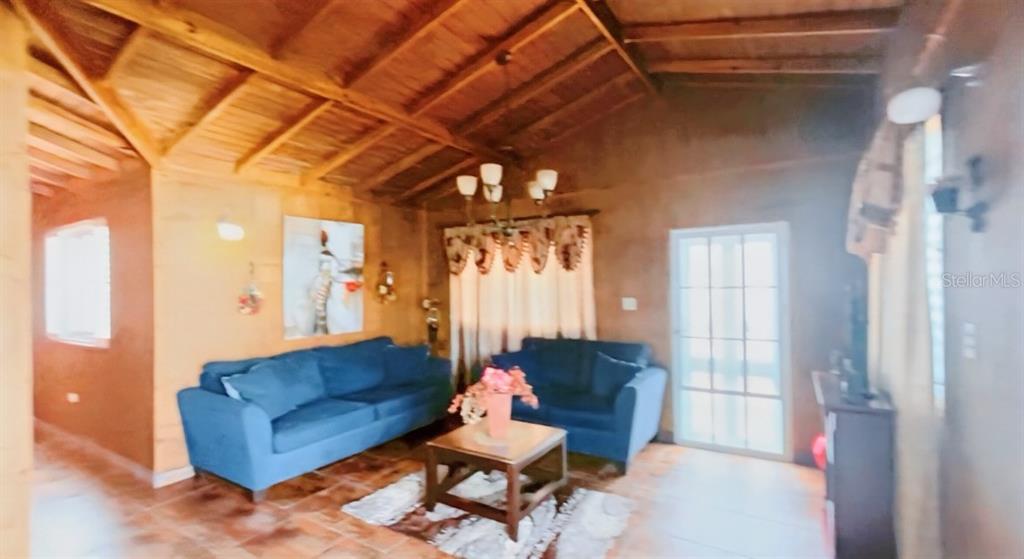 A living room features blue sofas, a wooden coffee table, and a vaulted wood-paneled ceiling — CARRETERA 779 KM 9.9 INT. BO. CEDRO ARRIBA, NARANJITO, PR