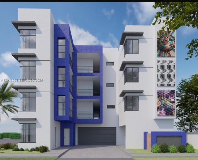 This is a digital rendering of a modern four-story apartment building with blue accent walls — 1092 E 21st St, Hialeah FL 33010, HIALEAH, FL
