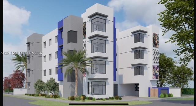 This is a digital rendering of a modern four-story apartment building with blue and white accents — 1092 E 21st St, Hialeah FL 33010, HIALEAH, FL