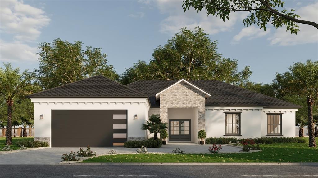 This is a rendering of a single-story house with a stone entryway and dark garage — PARKER ROAD, LAKELAND, FL
