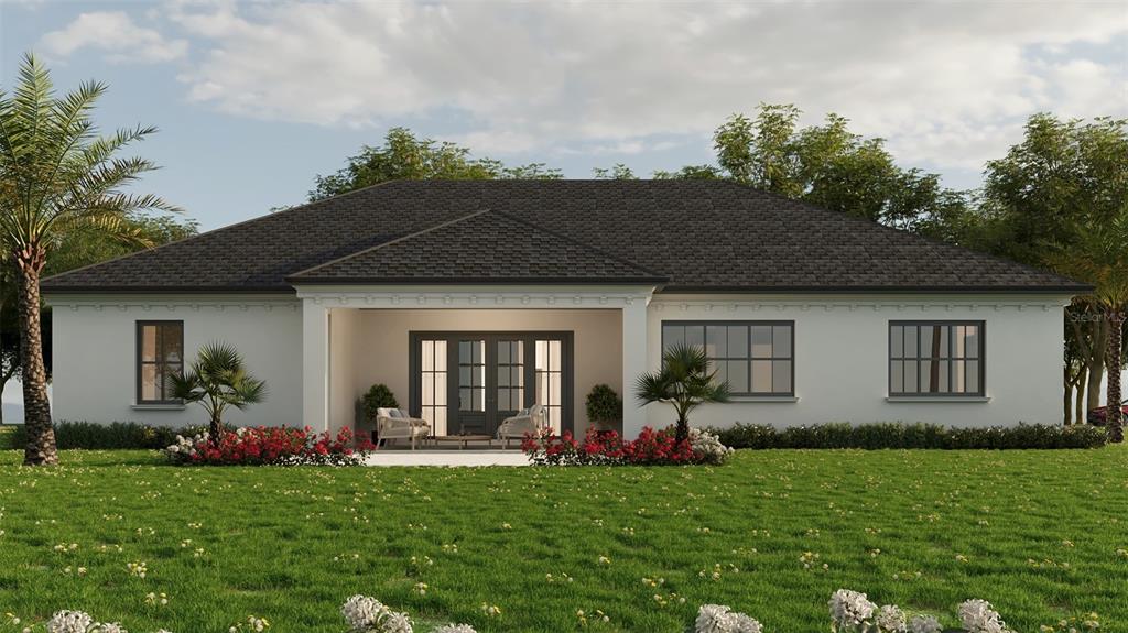 A digital rendering of the rear exterior of a single-story house with a covered patio — PARKER ROAD, LAKELAND, FL