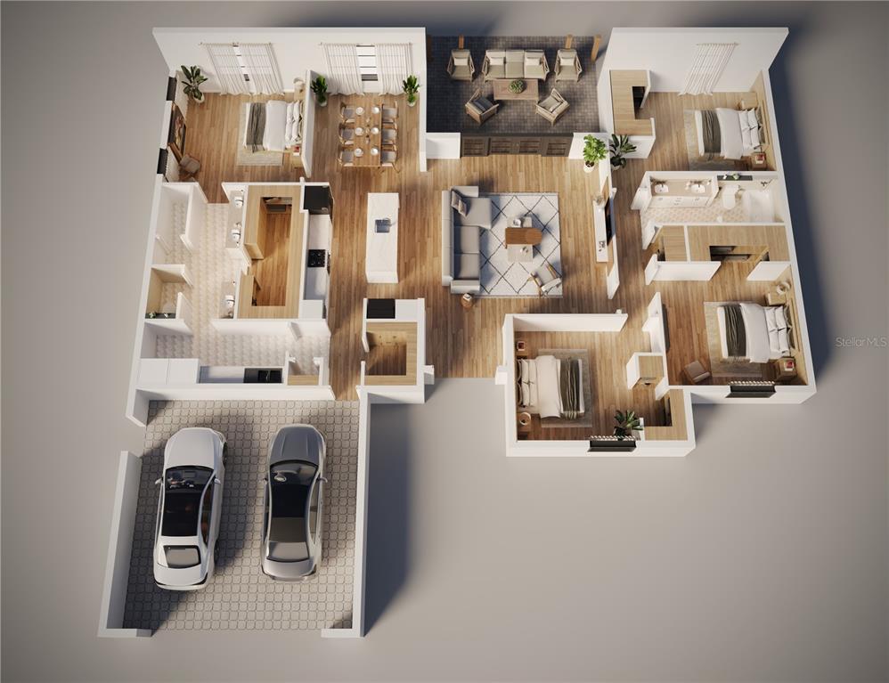 This is a 3D floor plan rendering of a single-story house with a two-car garage — PARKER ROAD, LAKELAND, FL