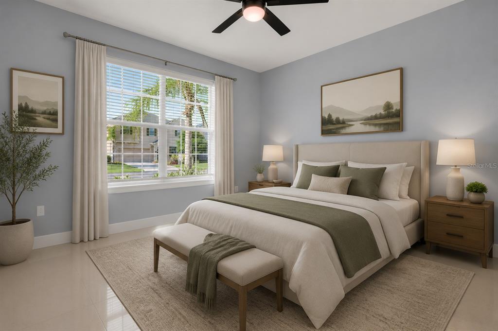 This is a digital rendering of a bedroom featuring a bed, nightstands, and a window — 1926 MENDOCINO LANE, PORT ORANGE, FL