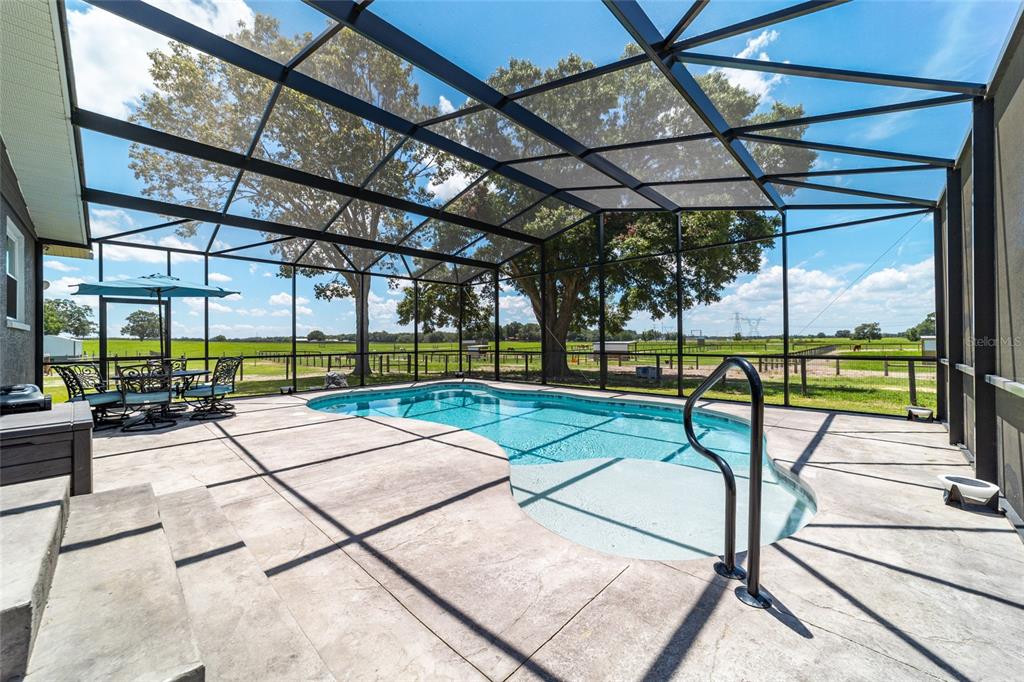 A screened-in pool patio with a concrete deck overlooking a grassy field and trees — 1231 NW 102ND BOULEVARD, WILDWOOD, FL