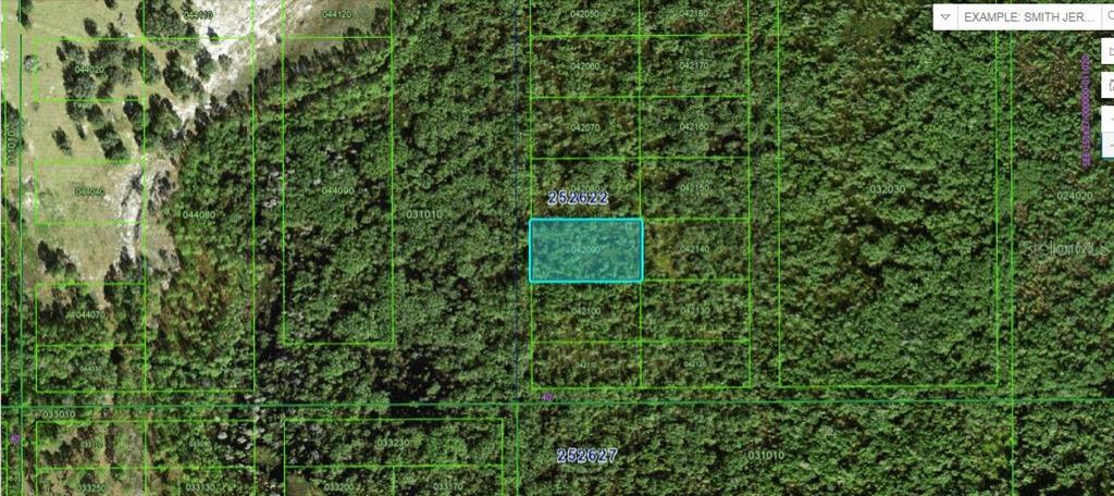 An aerial map view shows a highlighted rectangular land parcel surrounded by dense forest — COMMONWEALTH AVE N, POLK CITY, FL