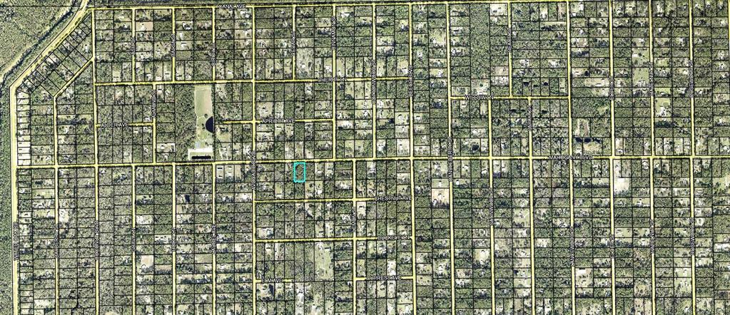 This is an aerial map showing a highlighted rectangular land parcel within a residential grid — 5813 MAHOGANY BOULEVARD, BUNNELL, FL