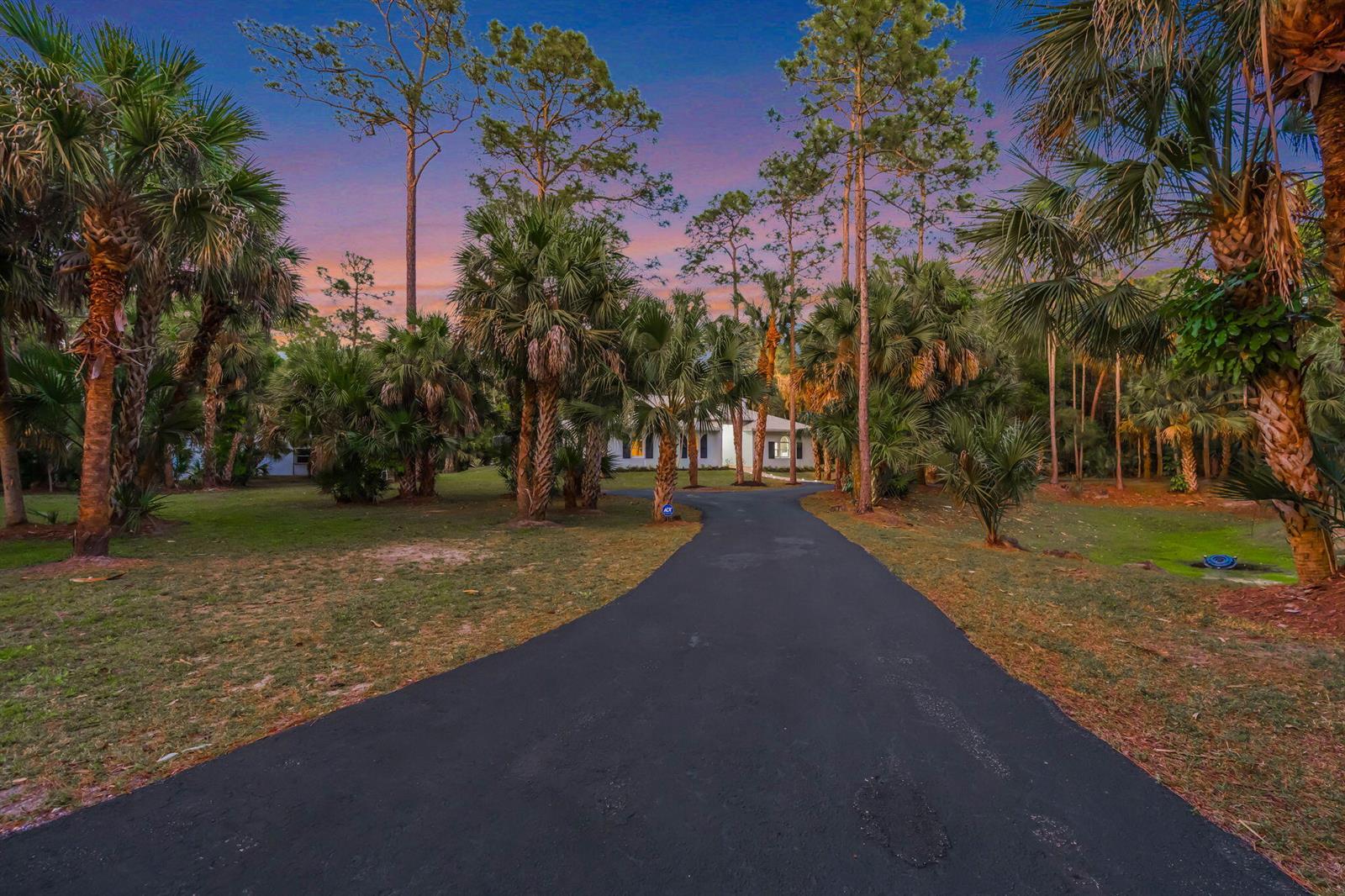A paved driveway leads through a wooded yard toward a white house at sunset — 9417 Whippoorwill Trail, FL 33478, FL